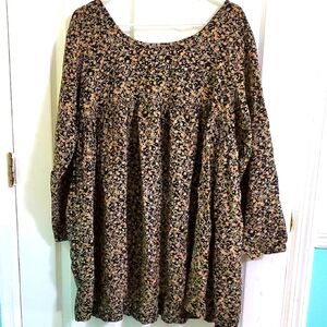 Denim Republic Black & Tan Floral Long Sleeve Babydoll Tunic Top Mini Dress L